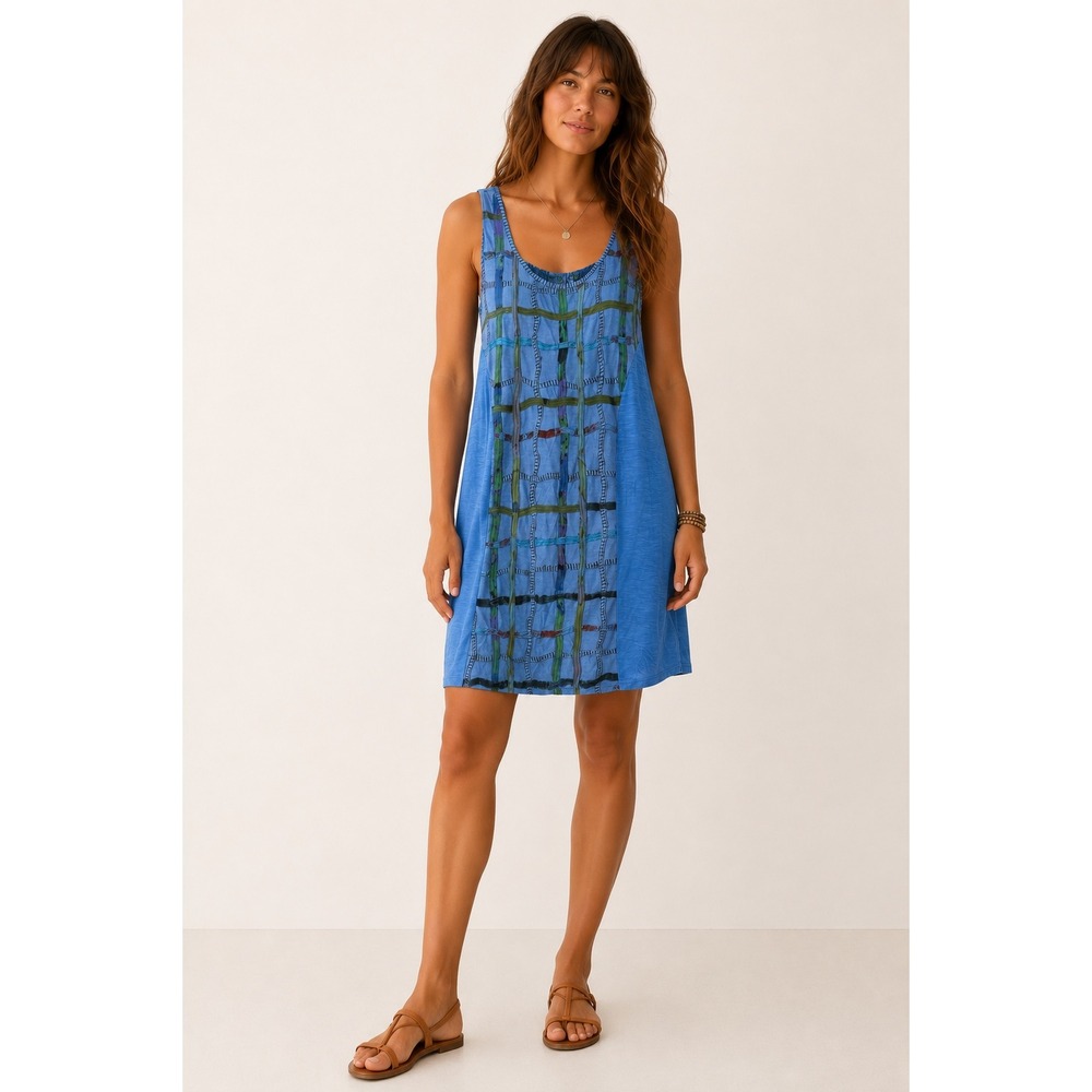 Parsley & Sage Blue Patchwork Mixed Media Geometric Sleeveless Dress Boho Medium